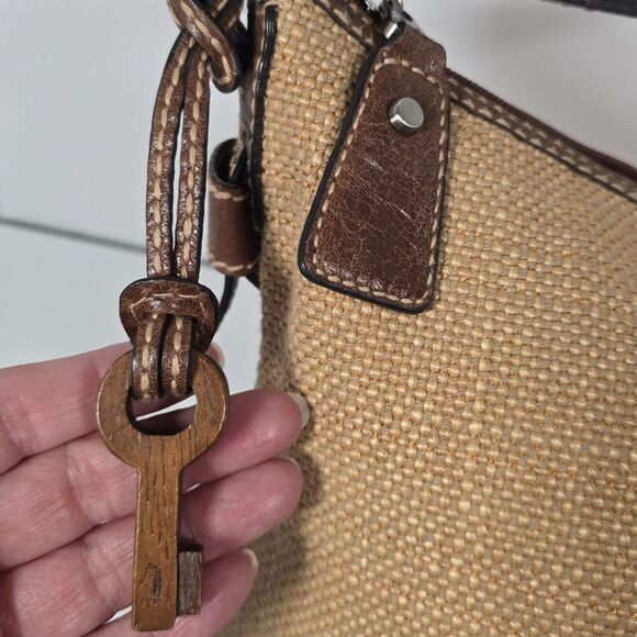 Fossil Shoulder Bag Natural Woven Fabric Paisley Leather Brown Beige Wooden Key - Picture 4 of 13